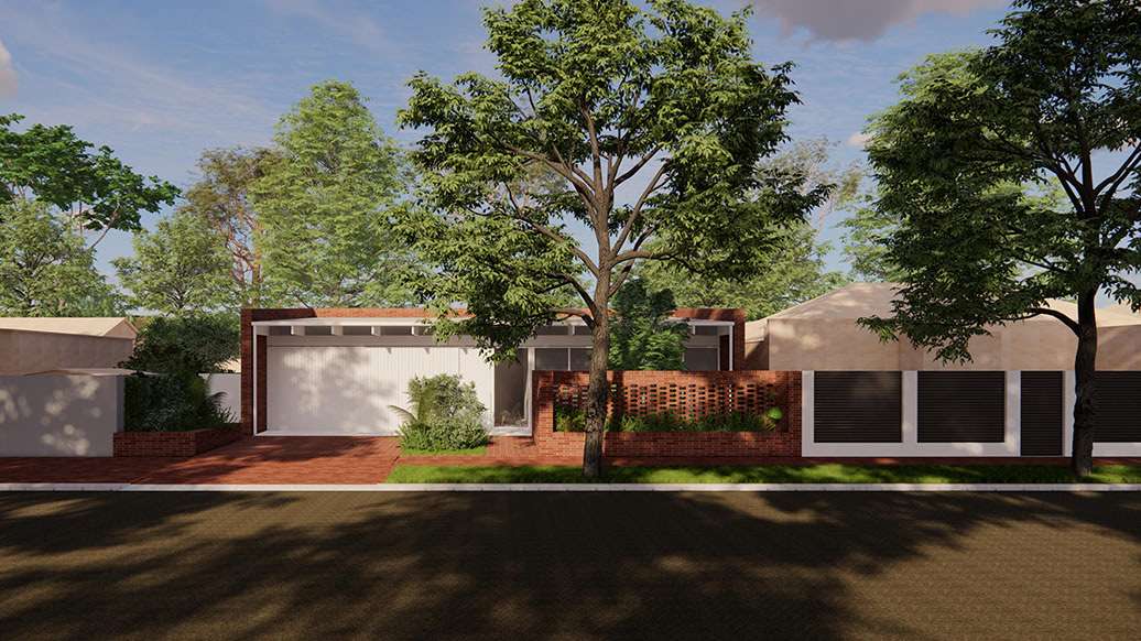 Render of home with a large tree in the front yard